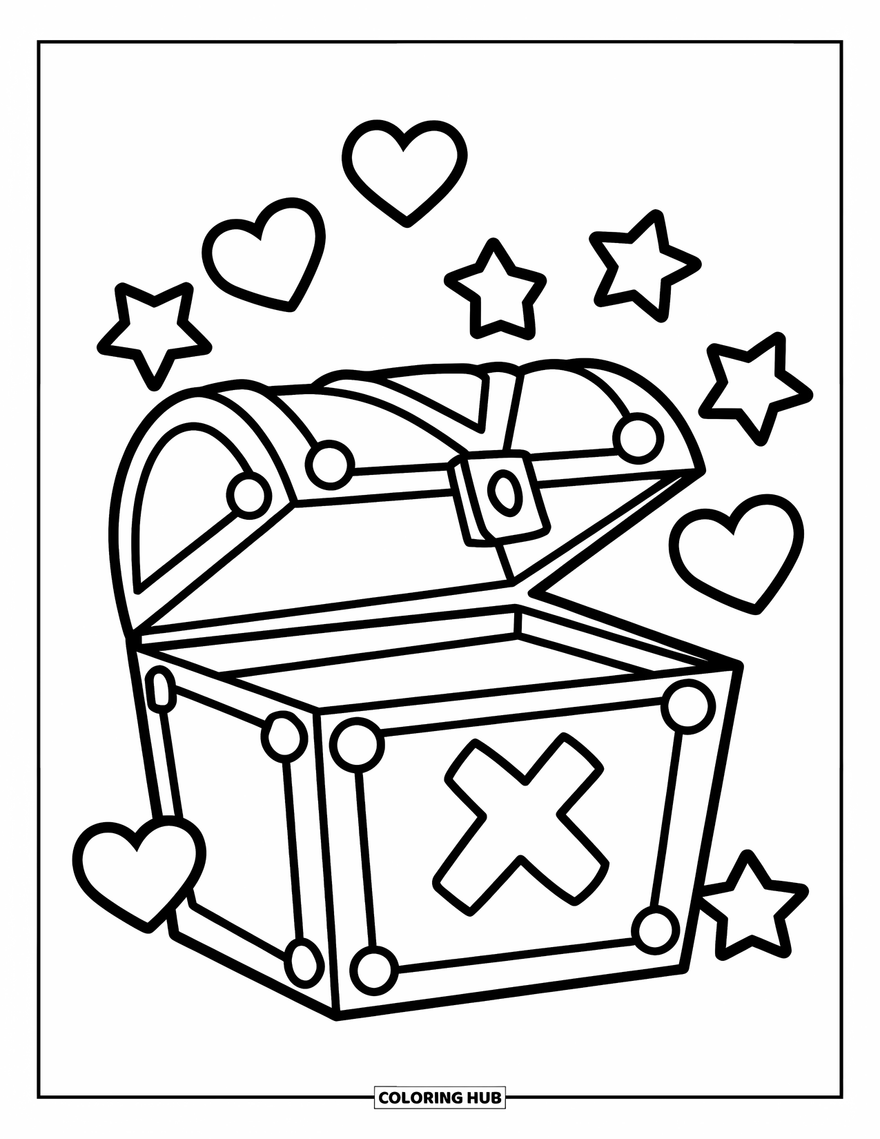 Gaming Coloring Page for Kids: Chest marked with an ìXî and playful stars and hearts all around