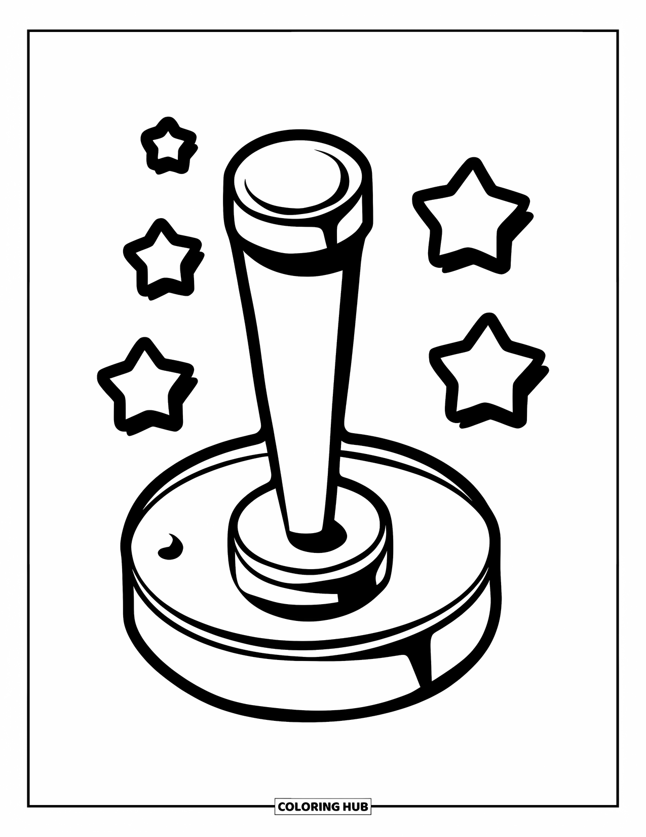 Gaming Coloring Page for Kids: Chunky joystick with a curved handle and five stars around it