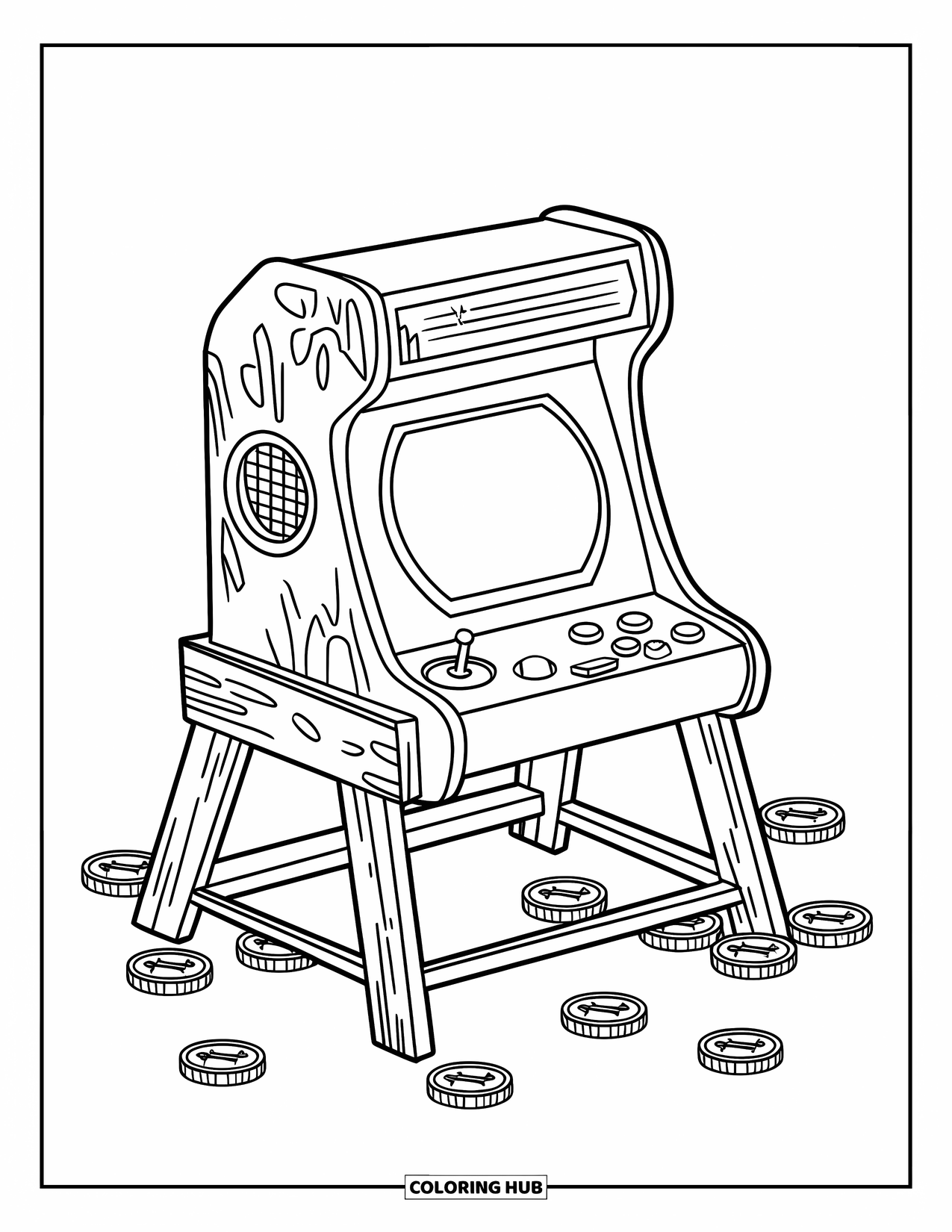 Gaming Coloring Page for Kids: Classic arcade console on a wooden stand with scratches and tokens on the floor