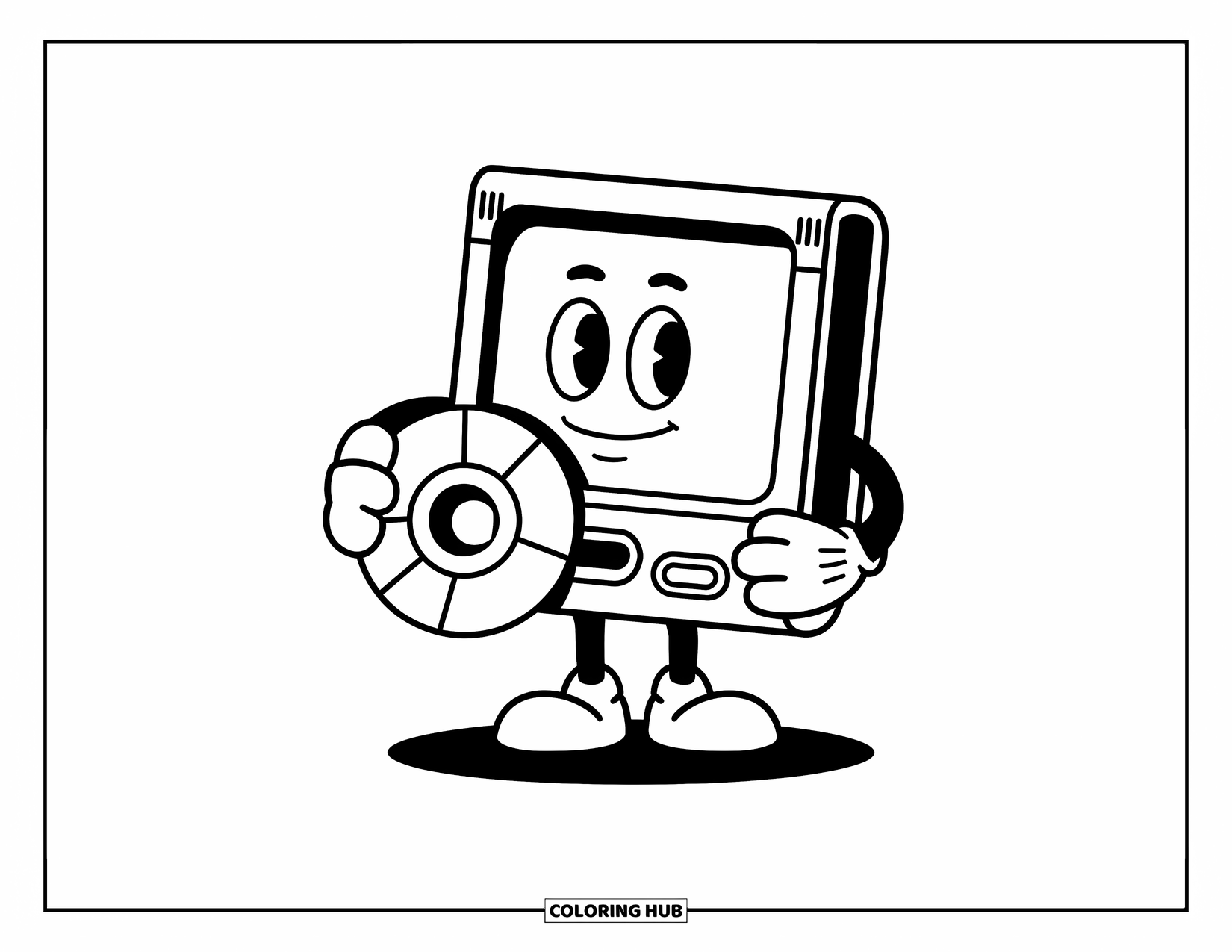 Gaming Coloring Page for Kids: Console character holding a game disc while standing on a clean base