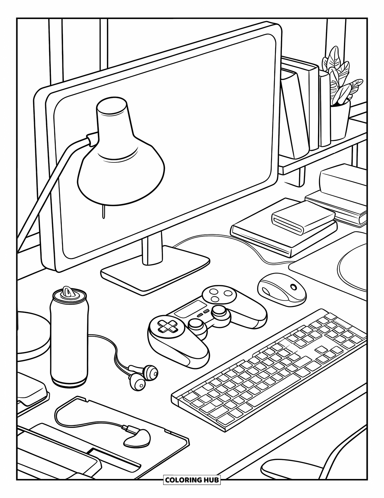 Gaming Coloring Page for Kids: Desk full of gaming gear, snacks, books, and a leafy plant