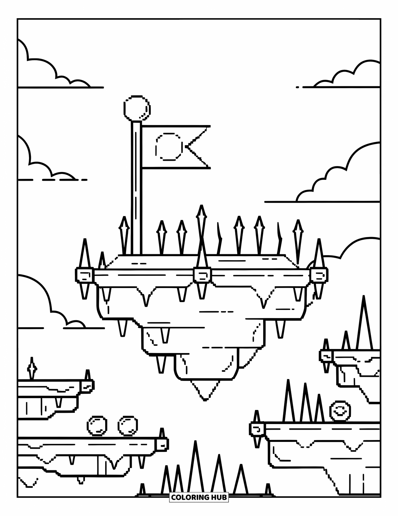 Gaming Coloring Page for Kids: Flag-topped platforms float among clouds with spikes and scattered power-ups