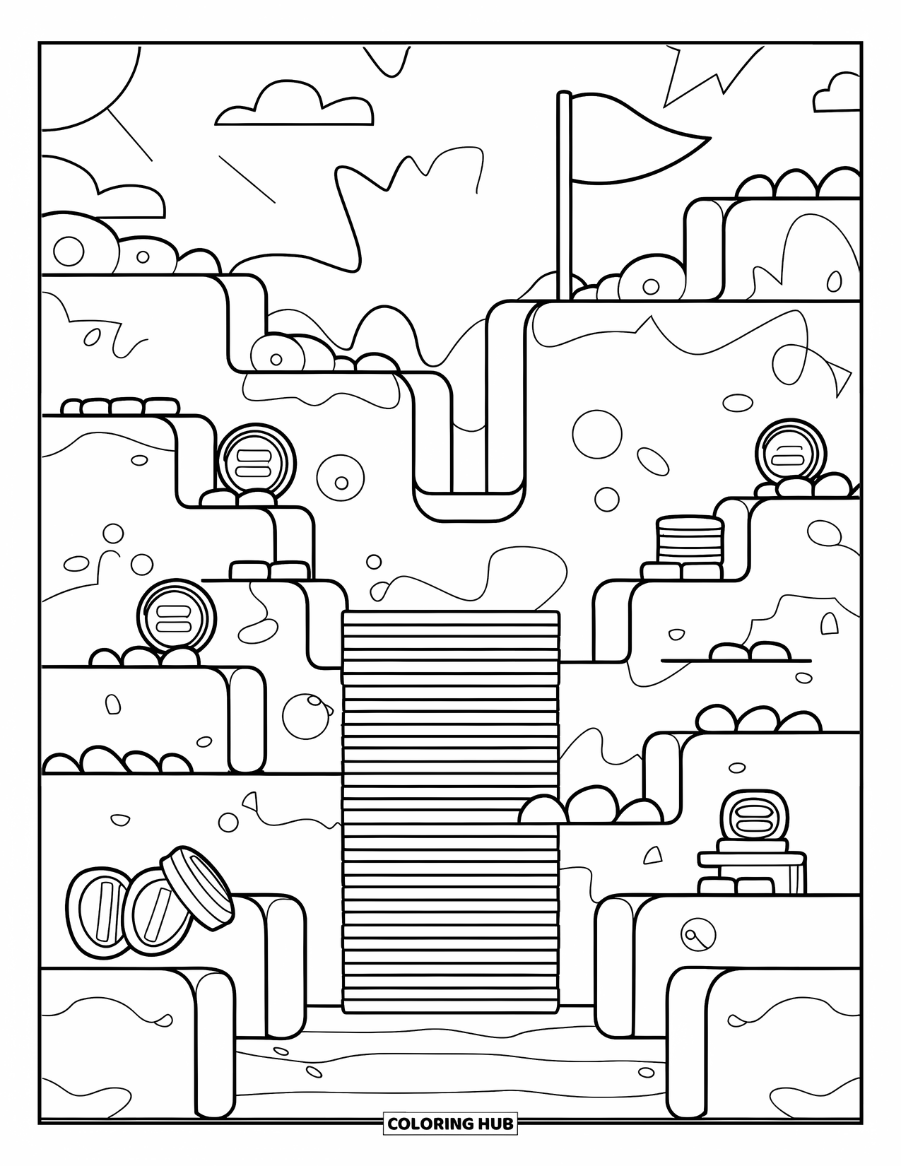 Gaming Coloring Page for Kids: Friendly game path with scattered coins, steps, and a cheerful flag