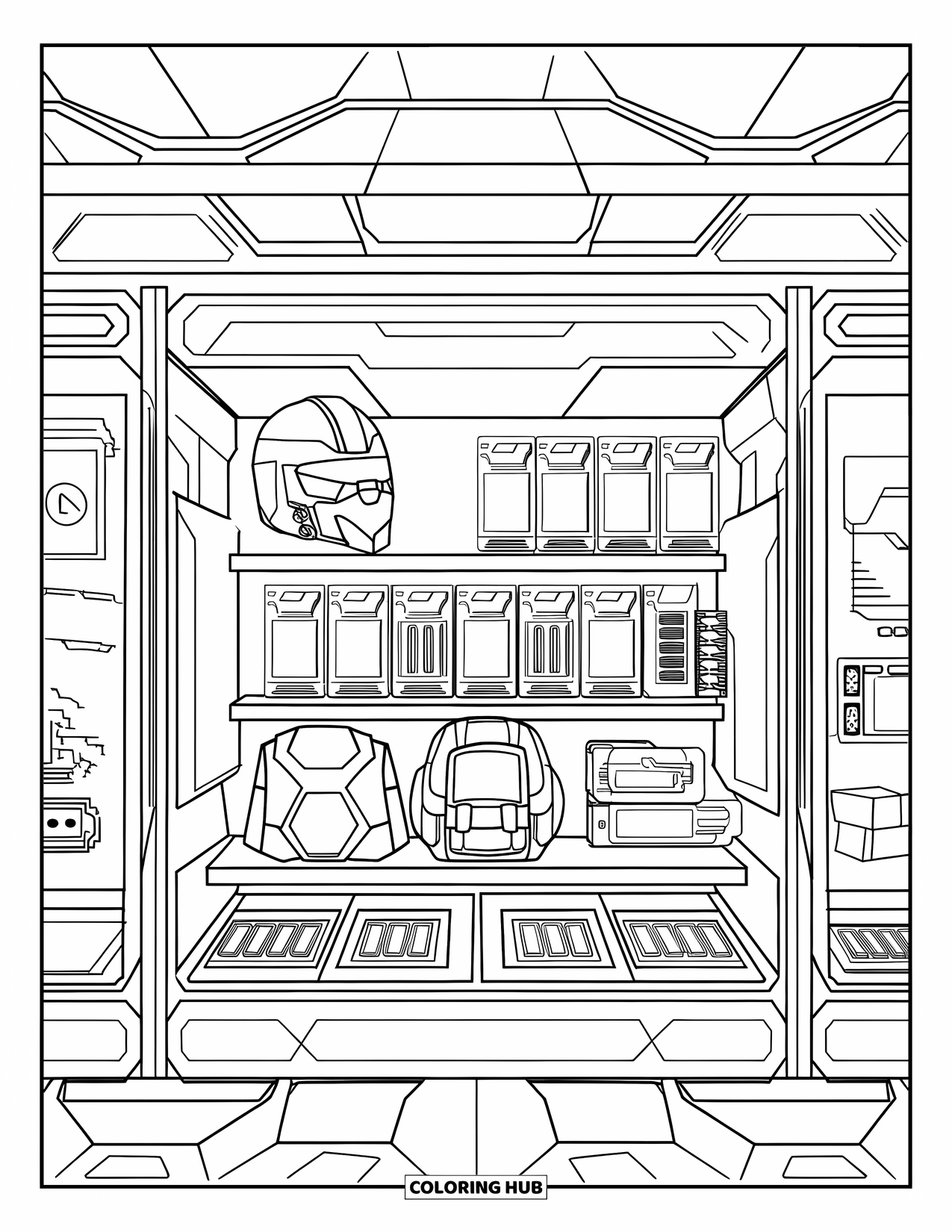 Gaming Coloring Page for Kids: Futuristic shelf stacked with gear, gadgets, and energy items