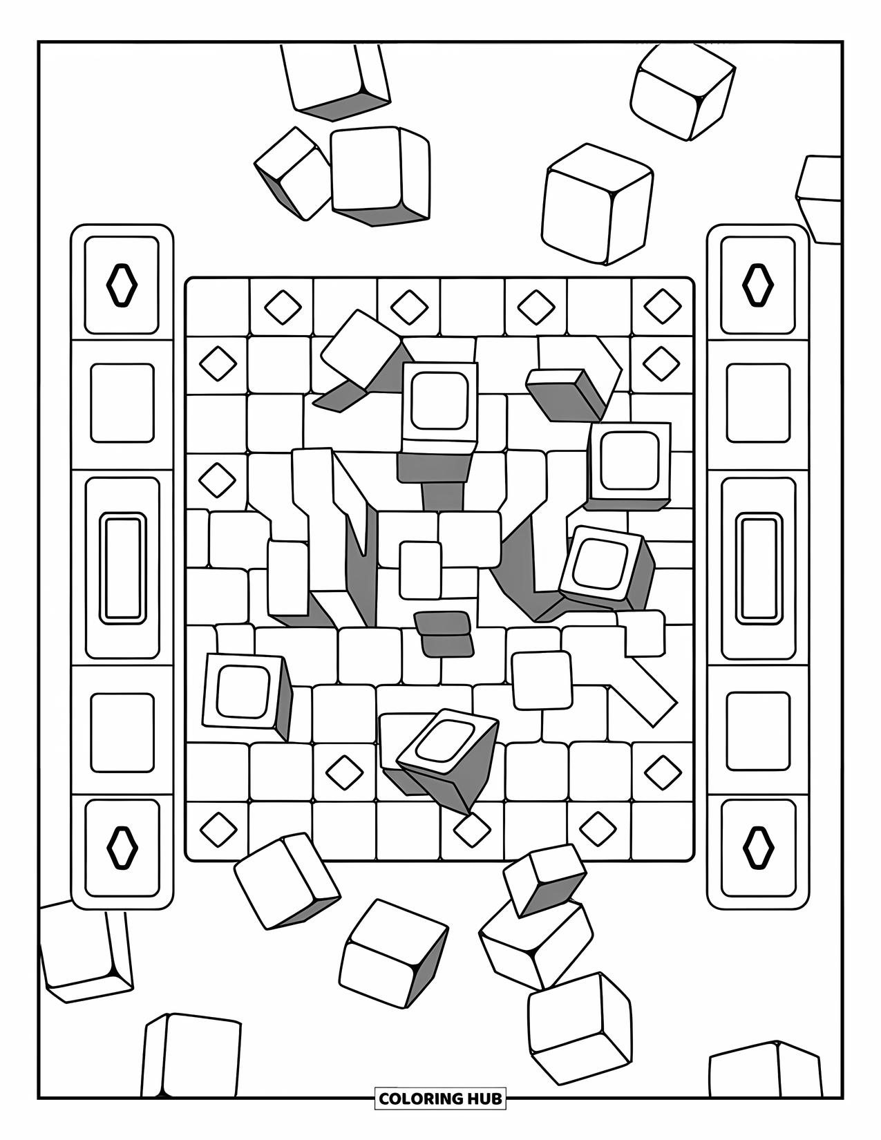 Gaming Coloring Page for Kids: Game grid with blocks dropping and arrows pointing up and down