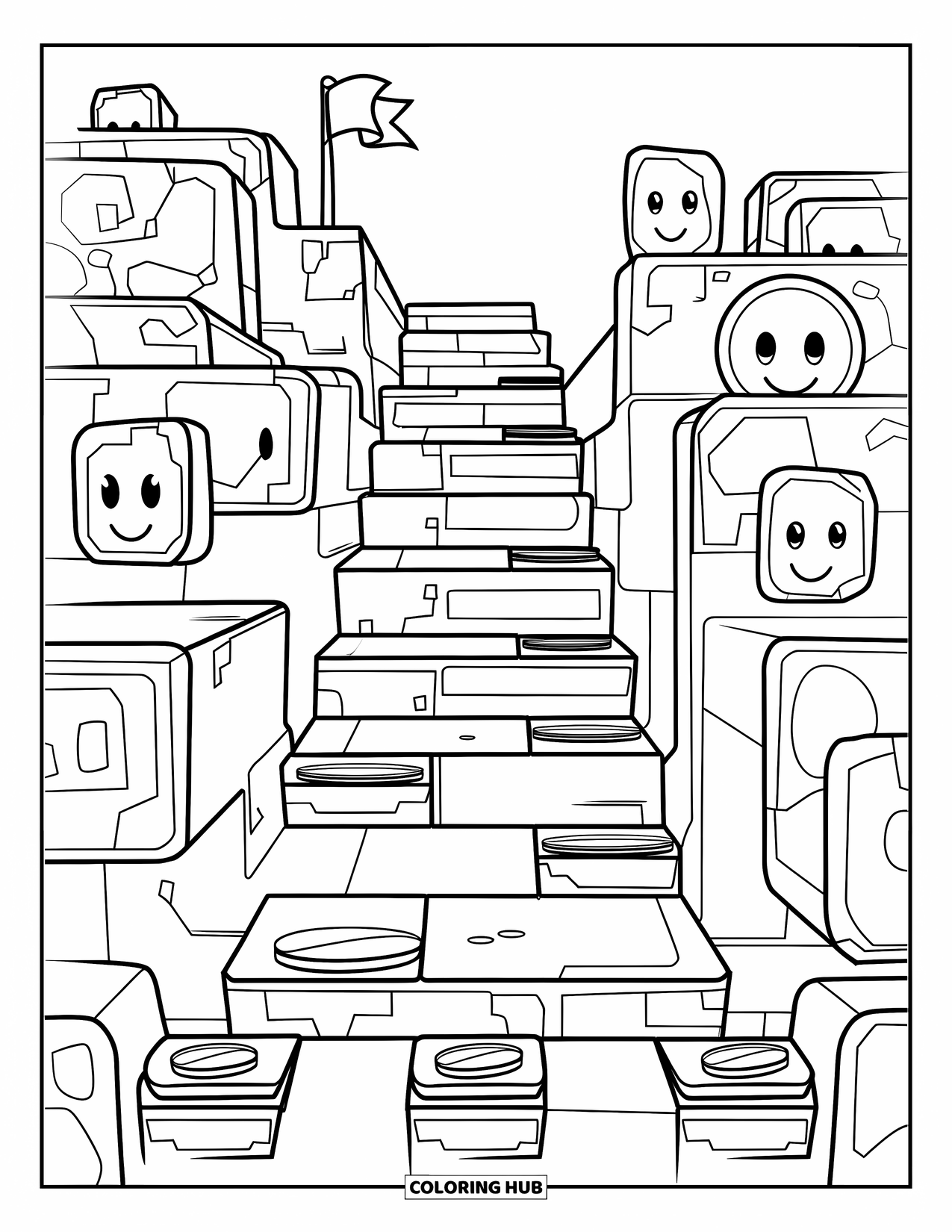 Gaming Coloring Page for Kids: Game level with stairs, coins, and a waving flag at the end