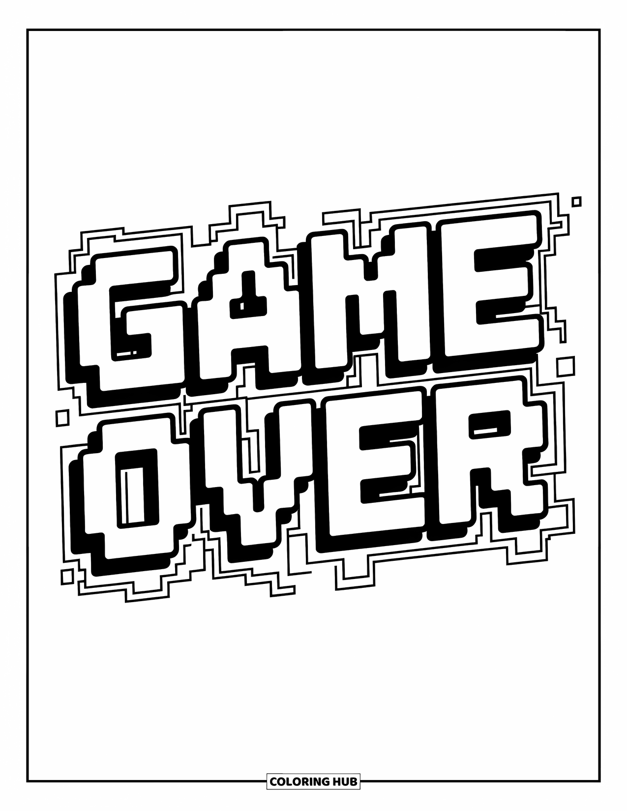 Gaming Coloring Page for Kids: "Game Over" screen with glitch effects and a bold, dramatic design
