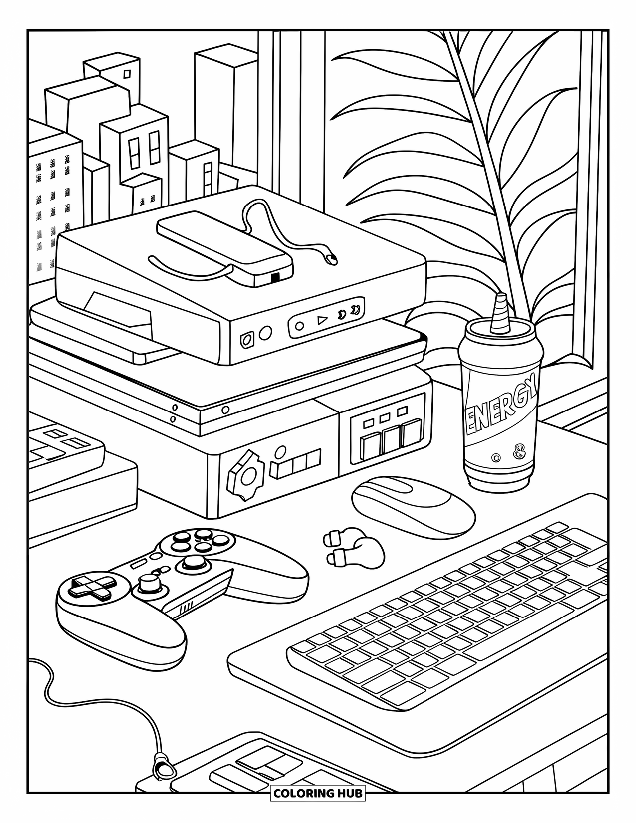 Gaming Coloring Page for Kids: Gaming desk by the window with a city view and cozy details