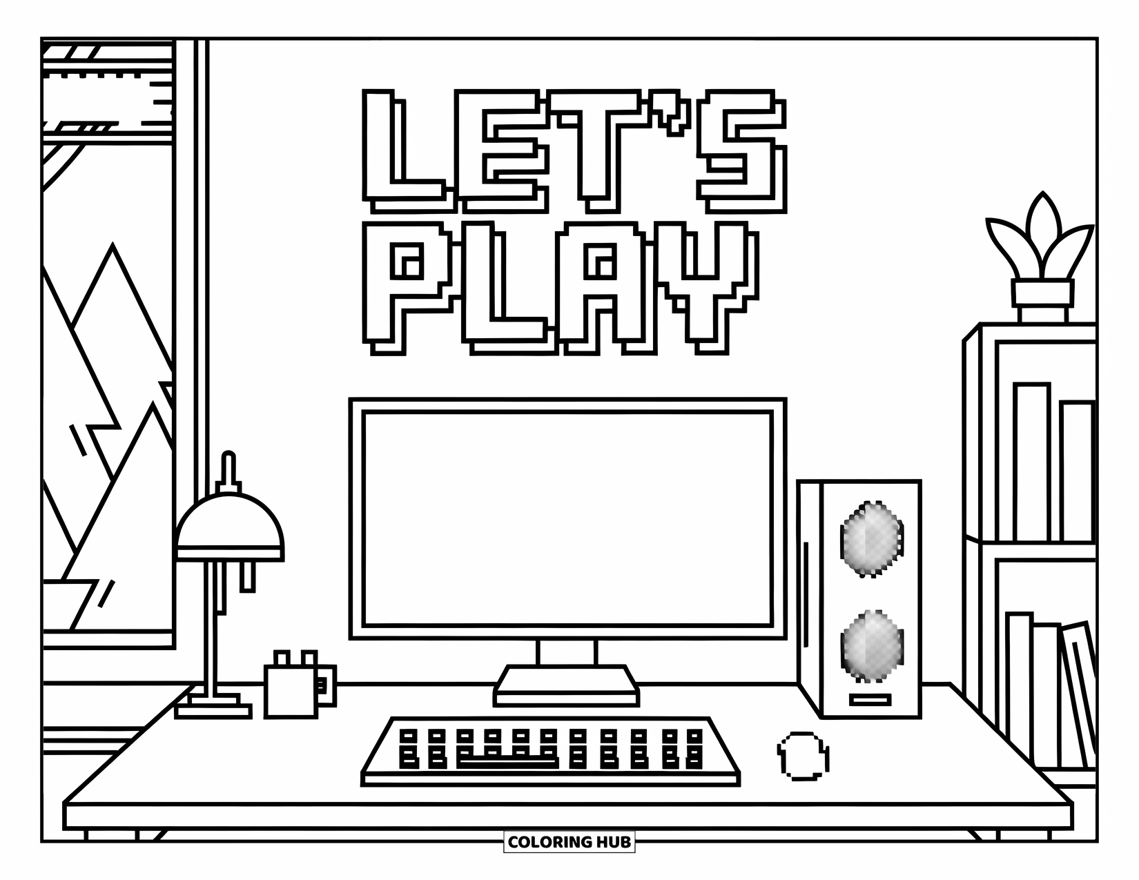 Gaming Coloring Page for Kids: Gaming room with desk setup, pixel text wall, window, and bookshelf