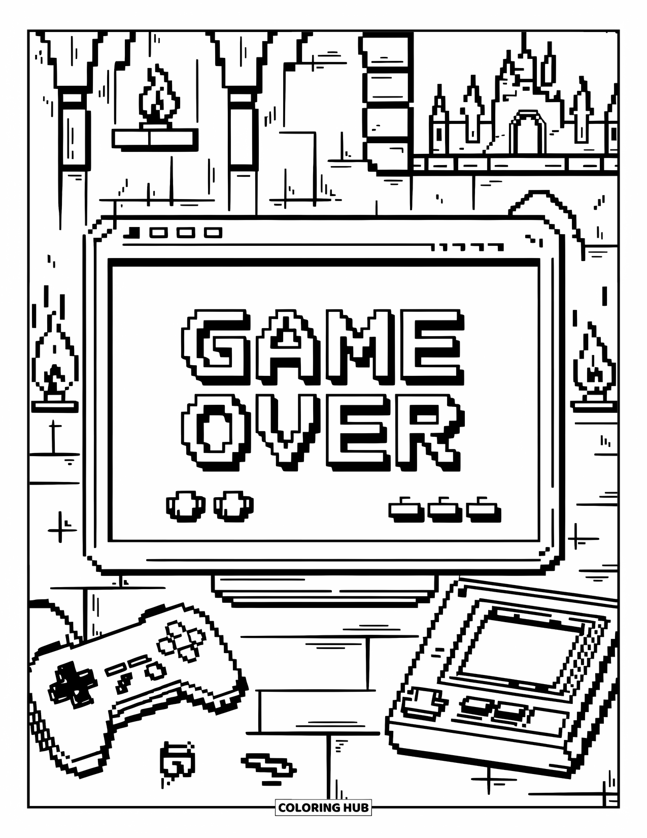 Gaming Coloring Page for Kids: Glitched "Game Over" screen with controller, cartridge, and a torch-lit dungeon scene