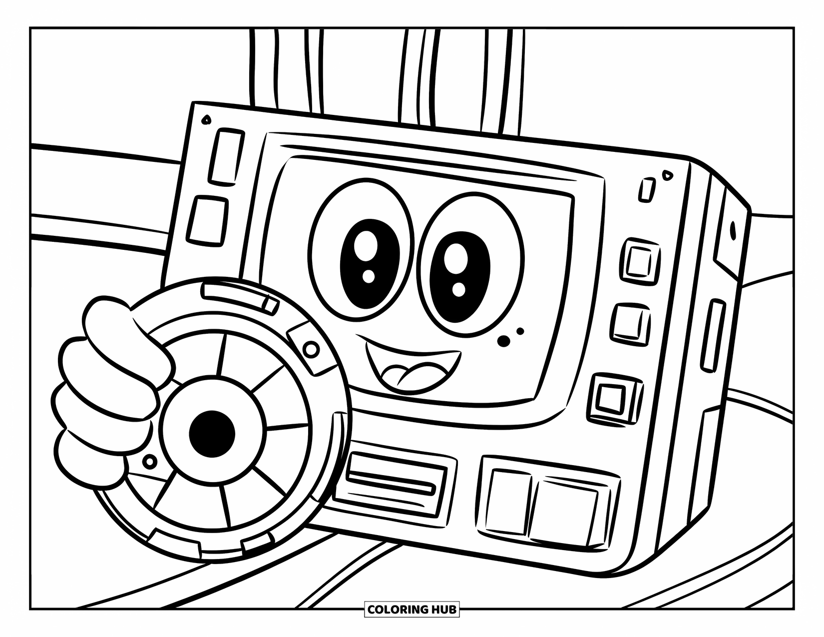 Gaming Coloring Page for Kids: Happy console character with big eyes holding a patterned game disc
