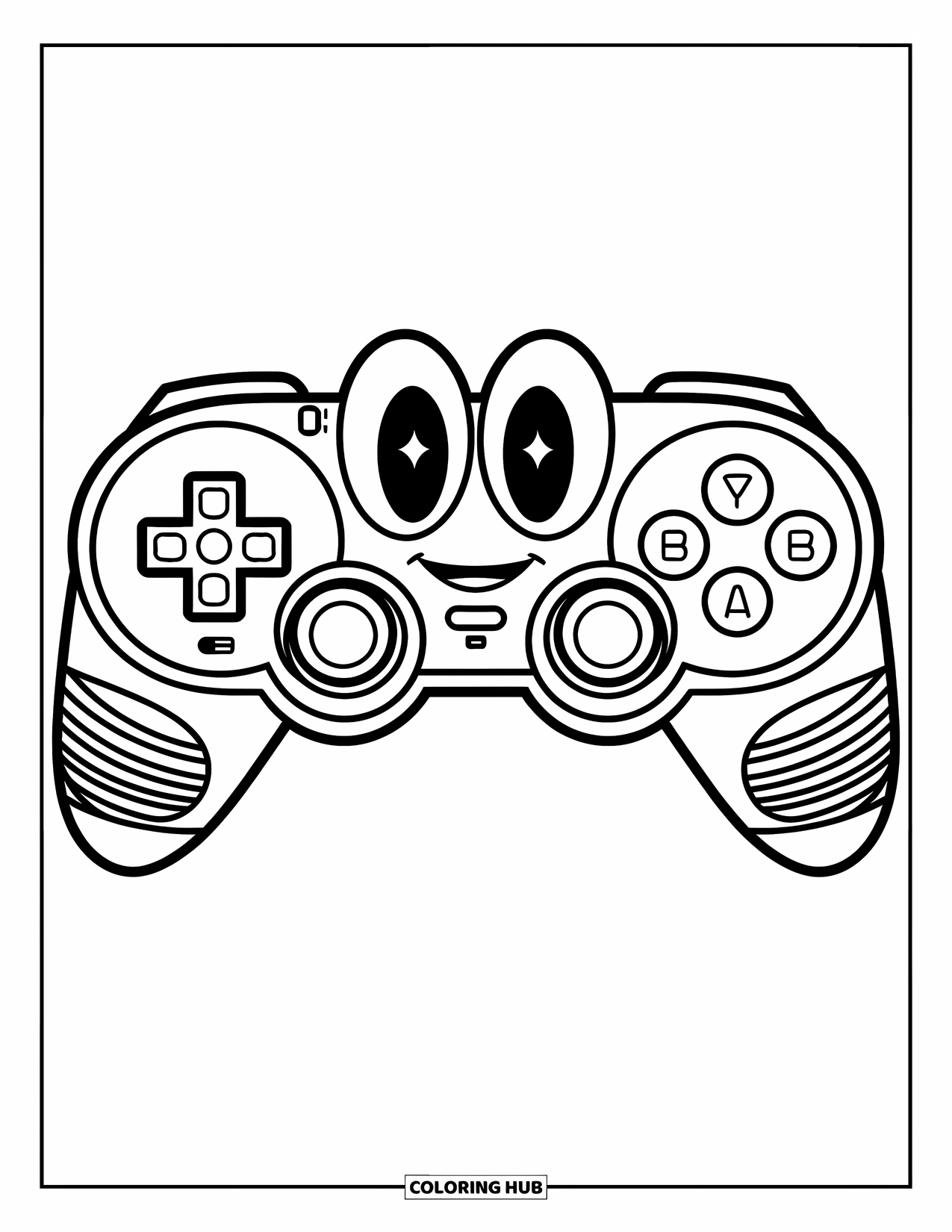 Gaming Coloring Page for Kids: Happy controller face with button eyes and a big smile