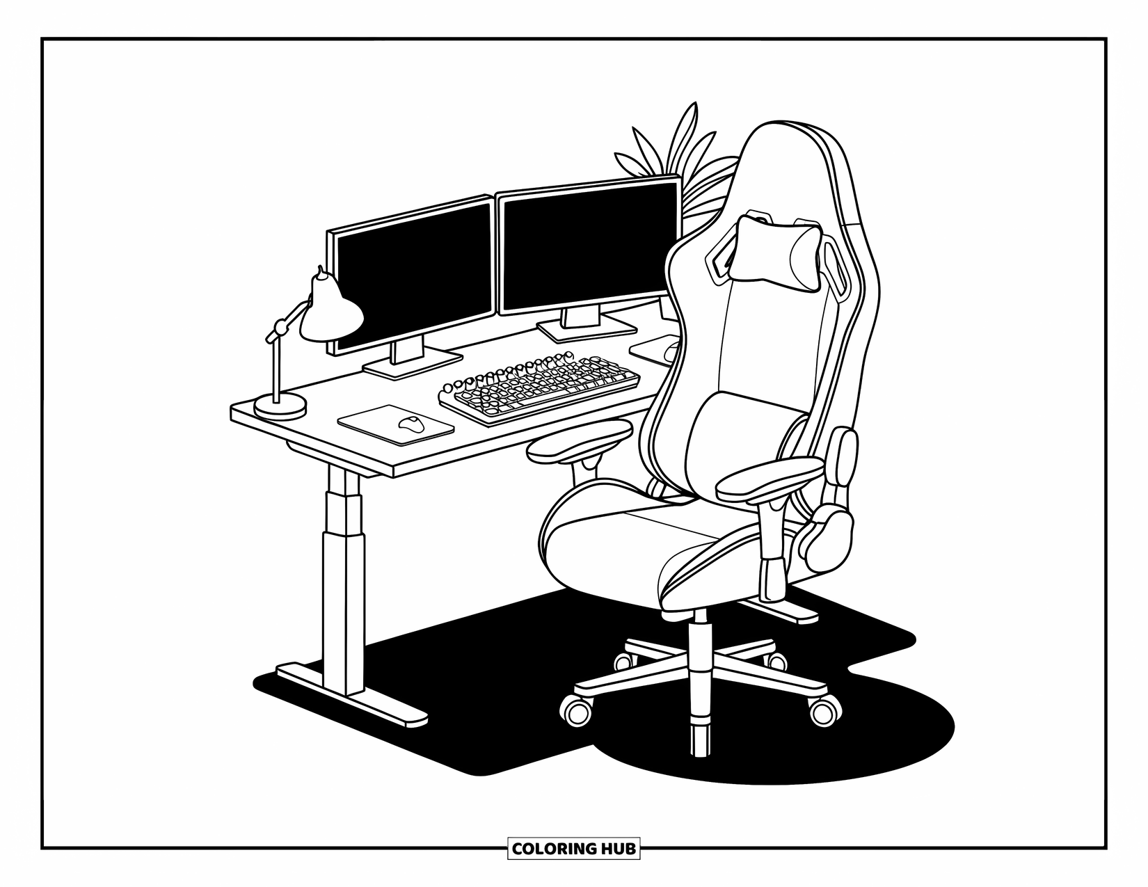 Gaming Coloring Page for Kids: High-tech gaming setup with dual monitors, glowing keyboard, and sleek chair design