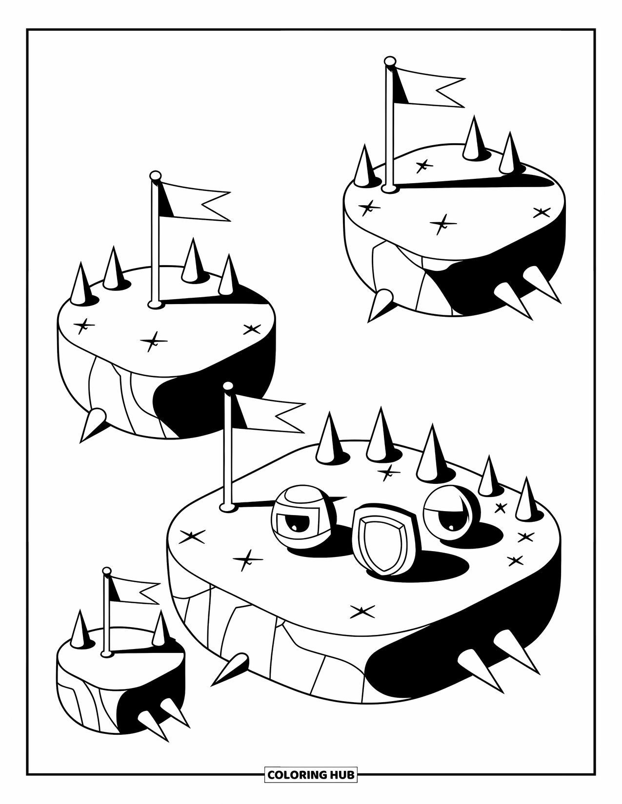 Gaming Coloring Page for Kids: Layered platforms with flags, power-ups, and a helmeted character in a sky setting