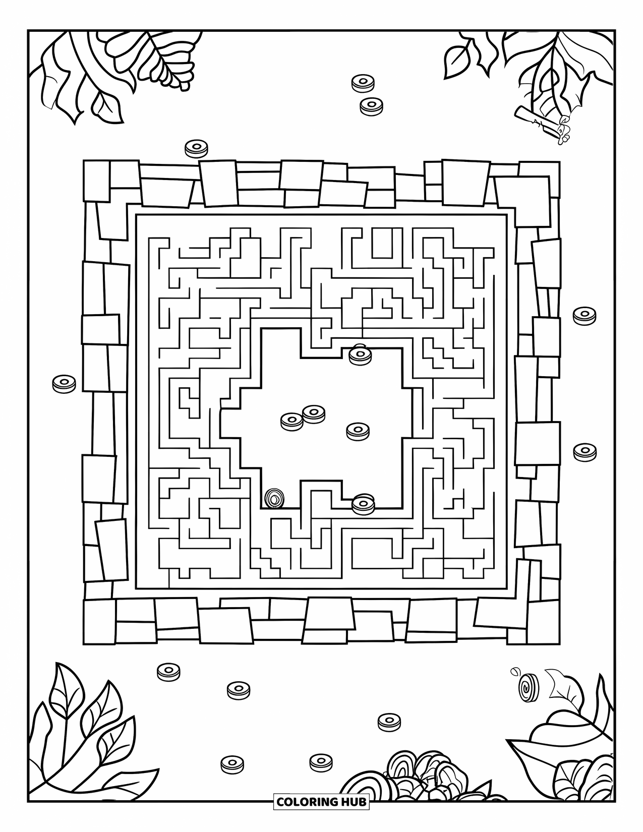 Gaming Coloring Page for Kids: Maze with stone walls, plants, scattered coins, and a glowing exit at the end