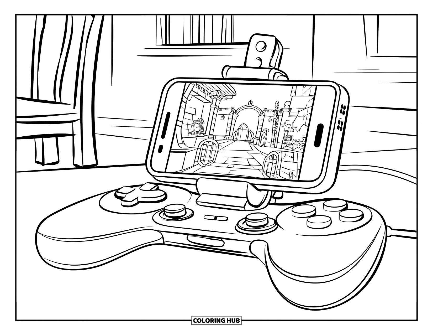 Gaming Coloring Page for Kids: Medieval game on phone clipped to controller, in a cozy room with window and chair