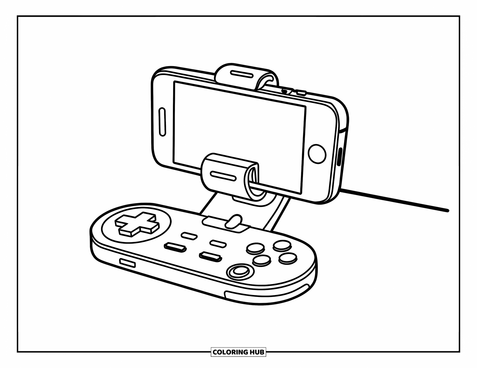 Gaming Coloring Page for Kids: Mobile gaming setup with phone clipped to controller and portable stand