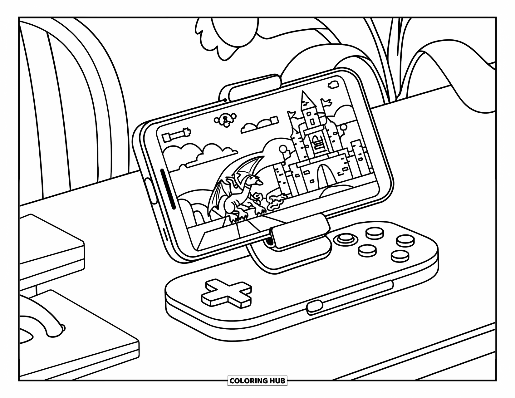 Gaming Coloring Page for Kids: Phone on controller stand showing game screen, with chair and plant in the background