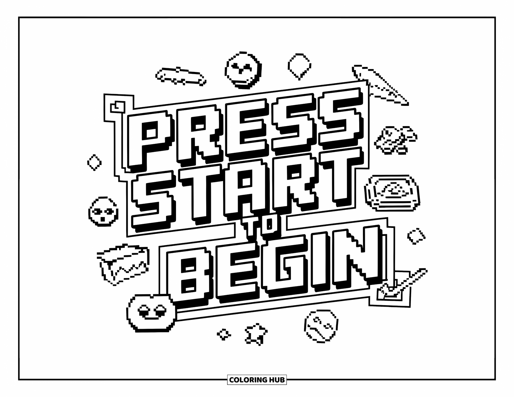 Gaming Coloring Page for Kids: Pixel banner reads "Press Start to Begin" surrounded by icons like controller and trophy