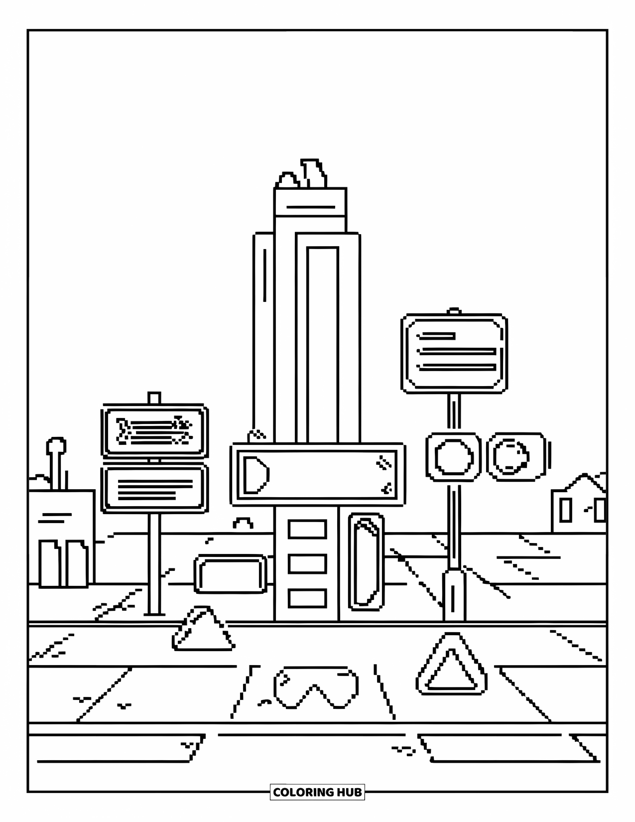 Gaming Coloring Page for Kids: Pixel city with towers, signs, and portals shaped like circles and triangles