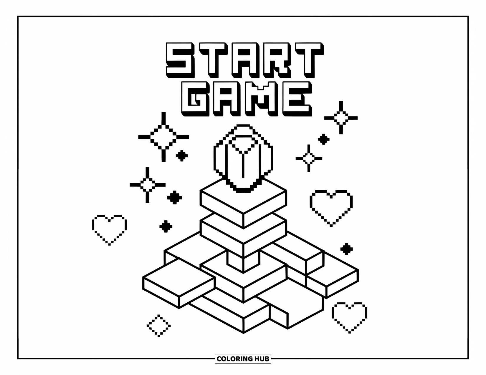 Gaming Coloring Page for Kids: Pixel cube stack with a gem on top, hearts, sparkles, and ìStart Gameî text above