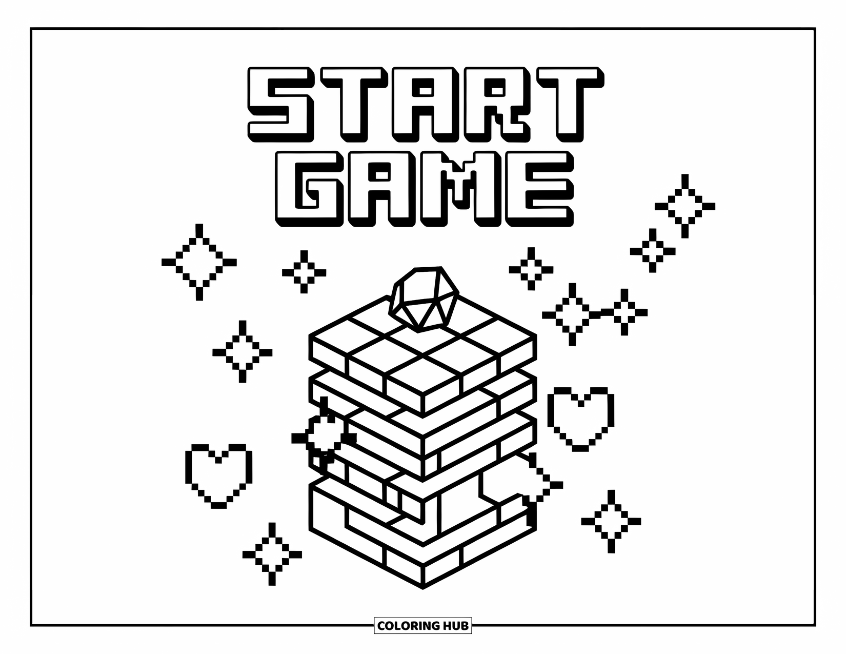 Gaming Coloring Page for Kids: Pixel cube stack with a gem on top, sparkles, and "Start Game" text above