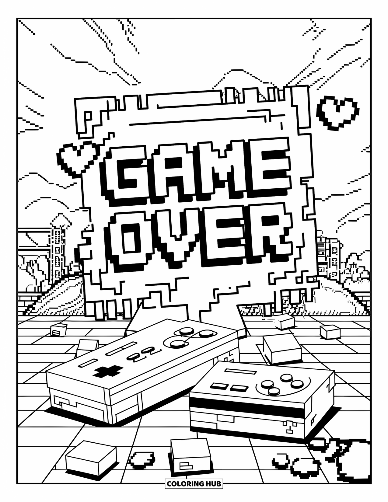 Gaming Coloring Page for Kids: Pixel scene with glitchy screen, sad character, city skyline, and broken controller