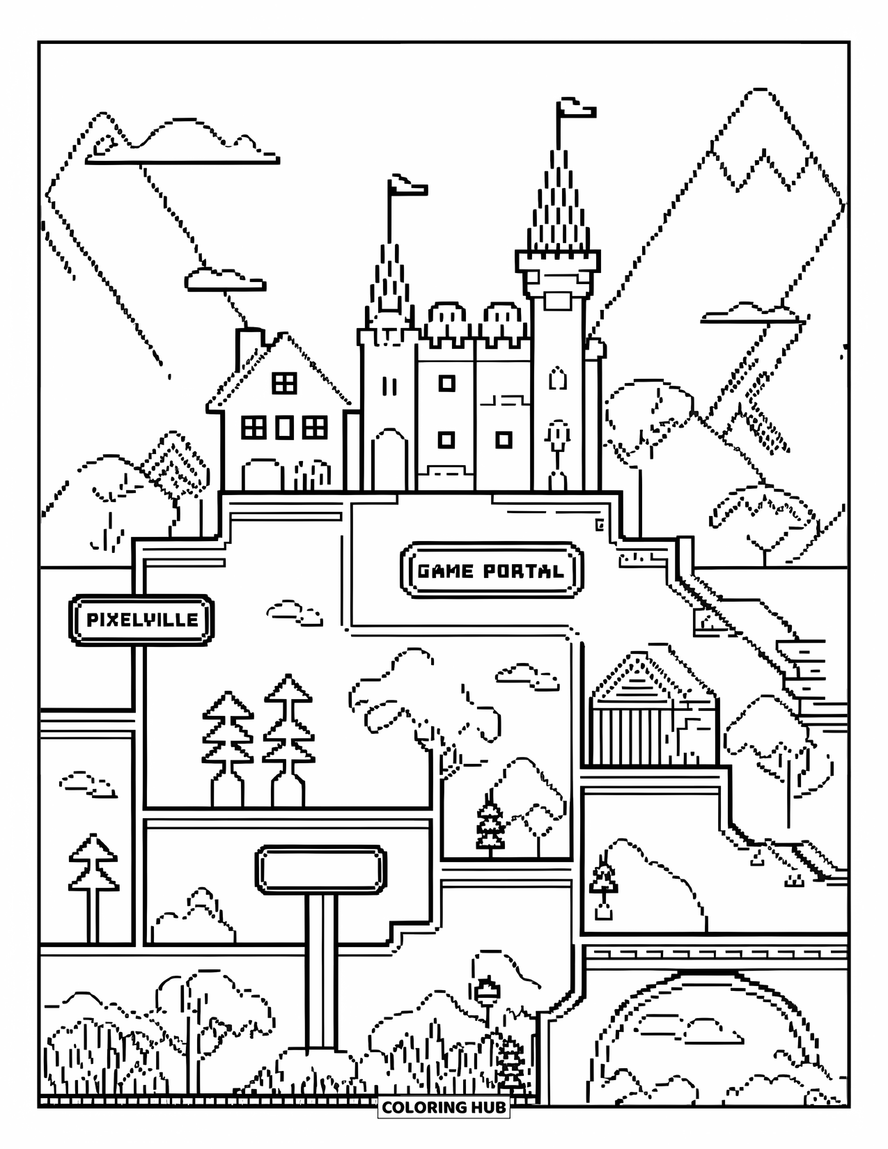 Gaming Coloring Page for Kids: Pixelville with castle, church, trees, signs, and portals by mountains and sky