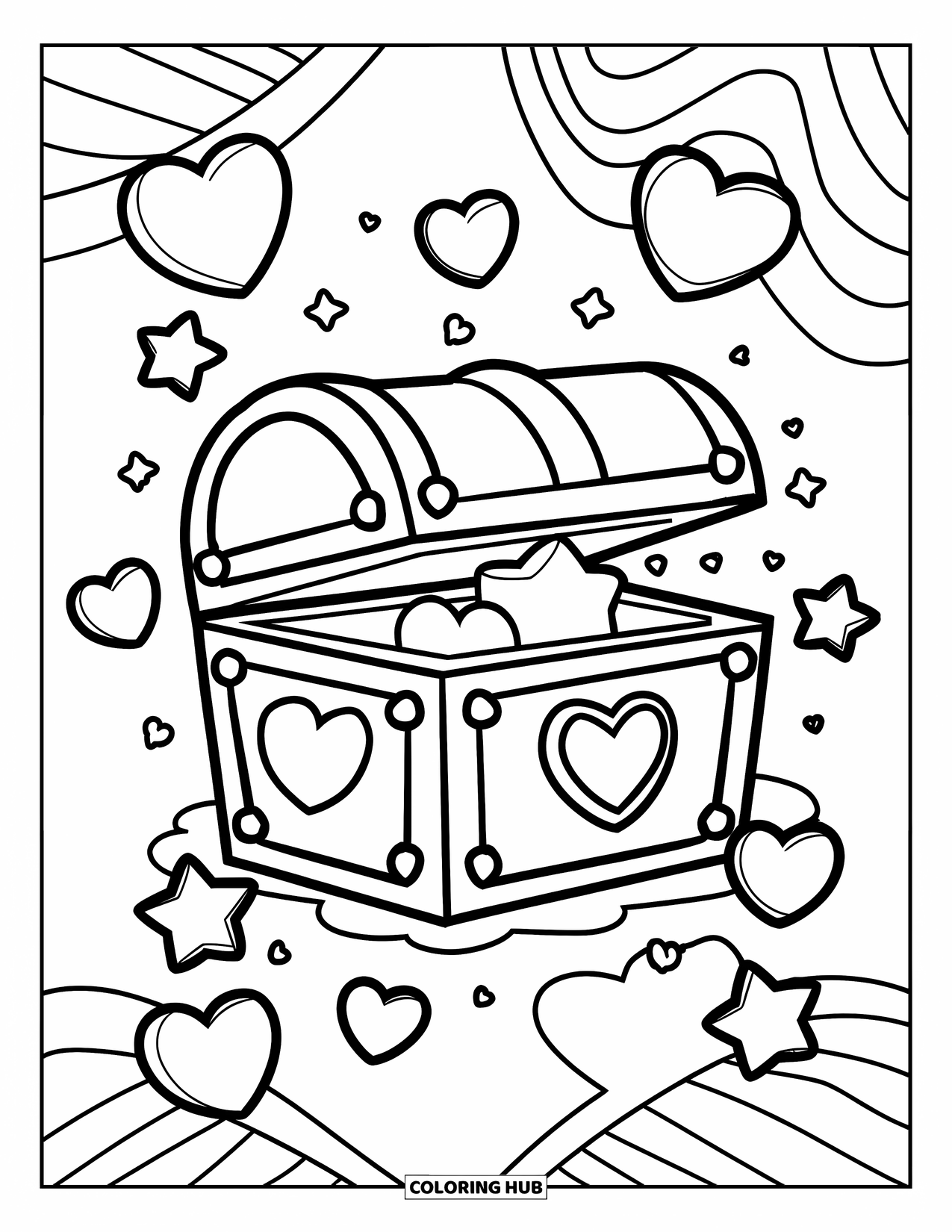 Gaming Coloring Page for Kids: Playful chest design with stars and hearts in a cheerful layout