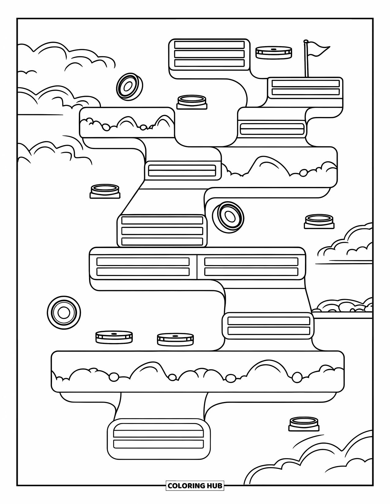 Gaming Coloring Page for Kids: Playful level layout with coins, stairs, and a single flag at the finish