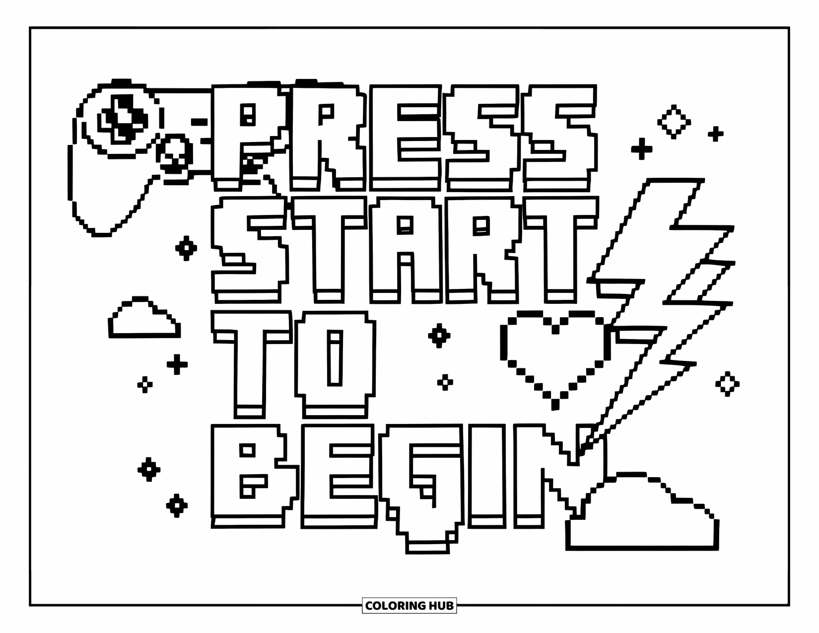 Gaming Coloring Page for Kids: "Press Start to Begin" with game icons like heart, cloud, and lightning bolt nearby