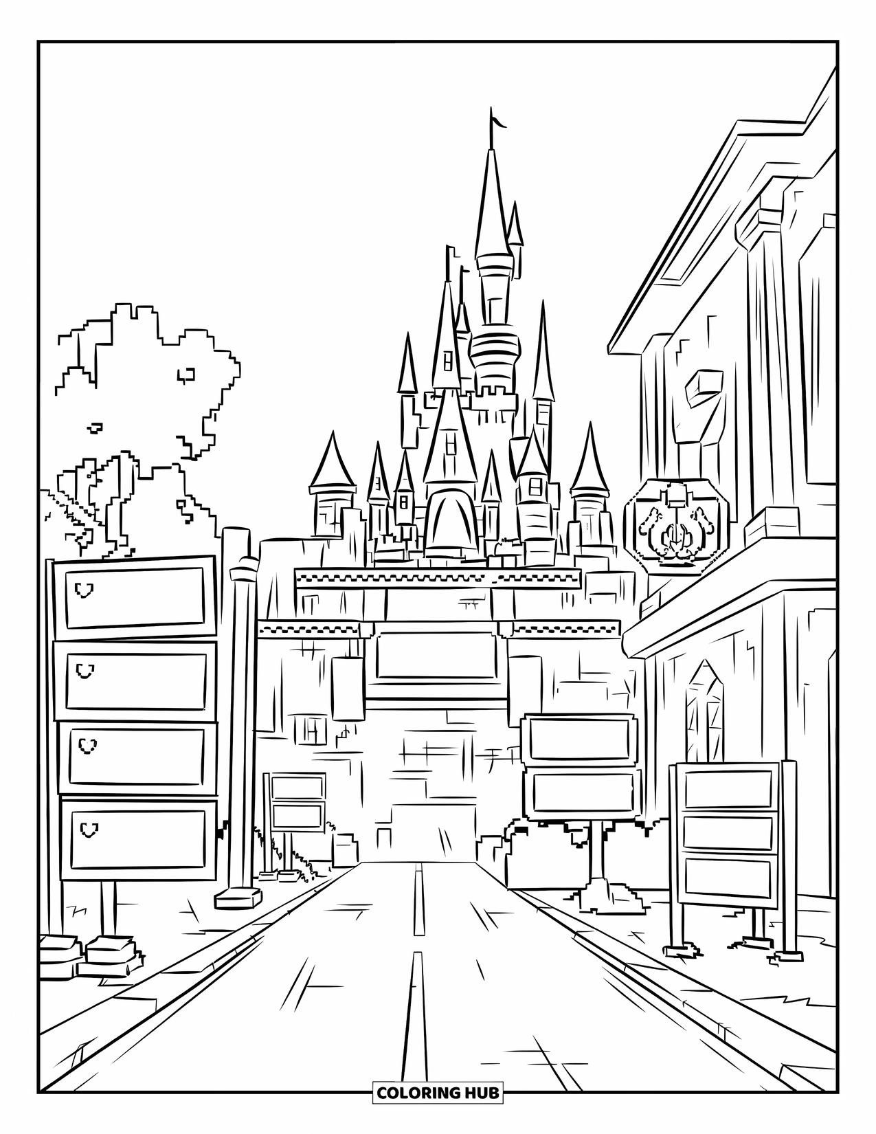 Gaming Coloring Page for Kids: Roadside pixel city with castle, signs, and game portals in the foreground