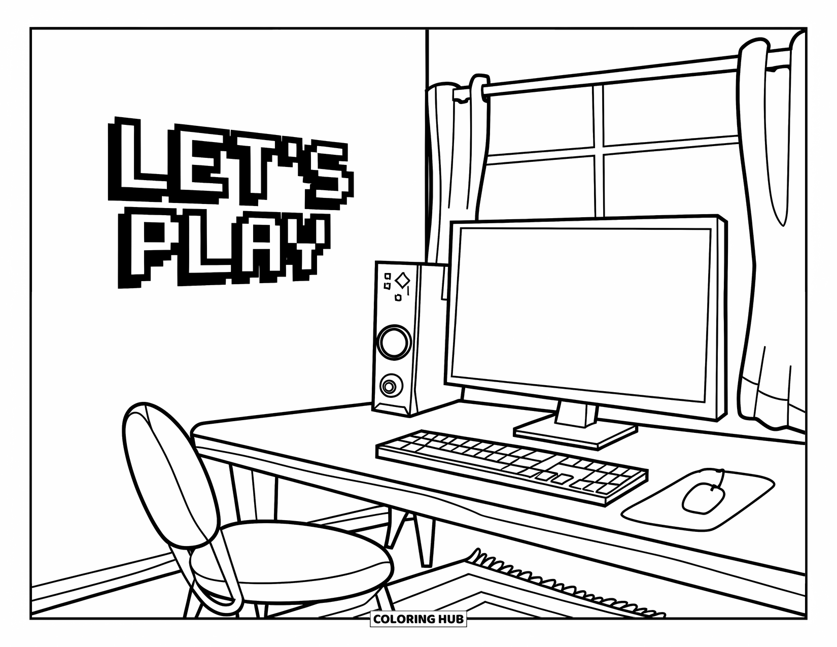 Gaming Coloring Page for Kids: Room with desk gear, pixel sign, rug, chair, and curtained window