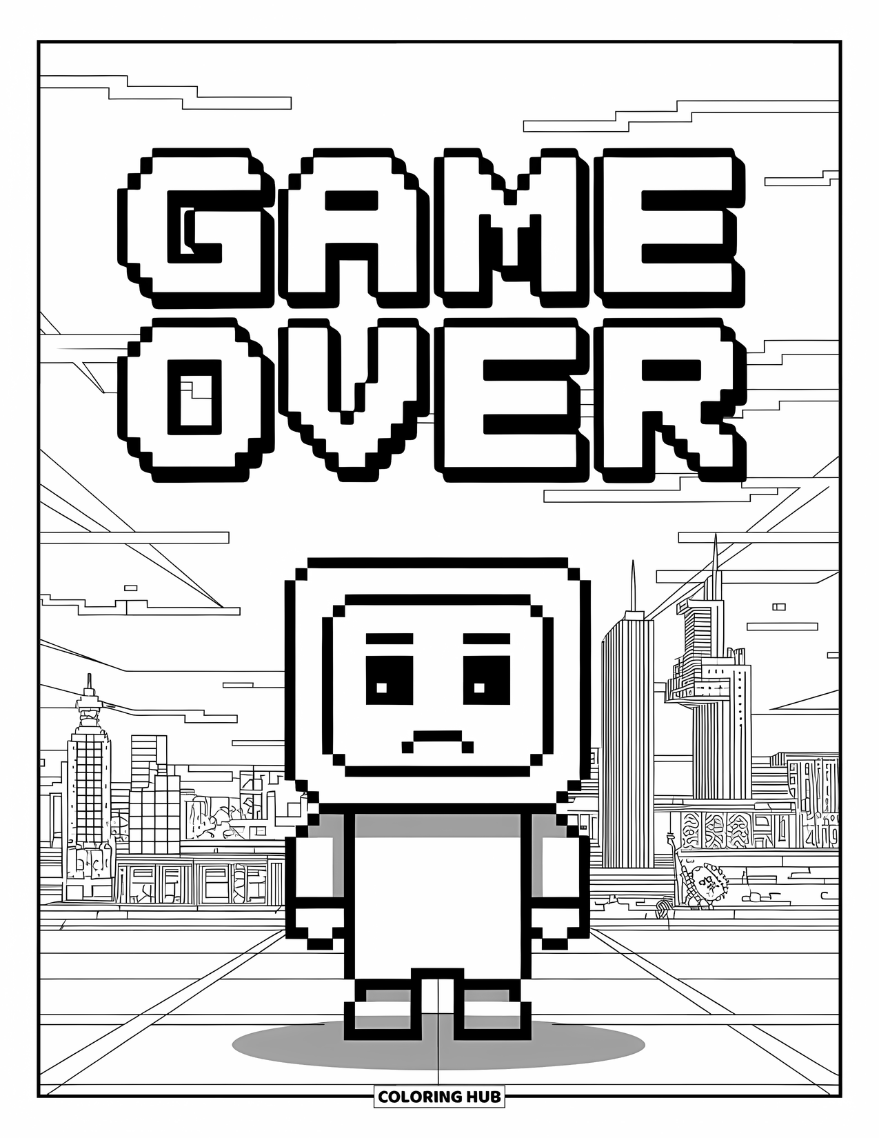 Gaming Coloring Page for Kids: Sad pixel character under a glitchy "Game Over" screen with a city backdrop