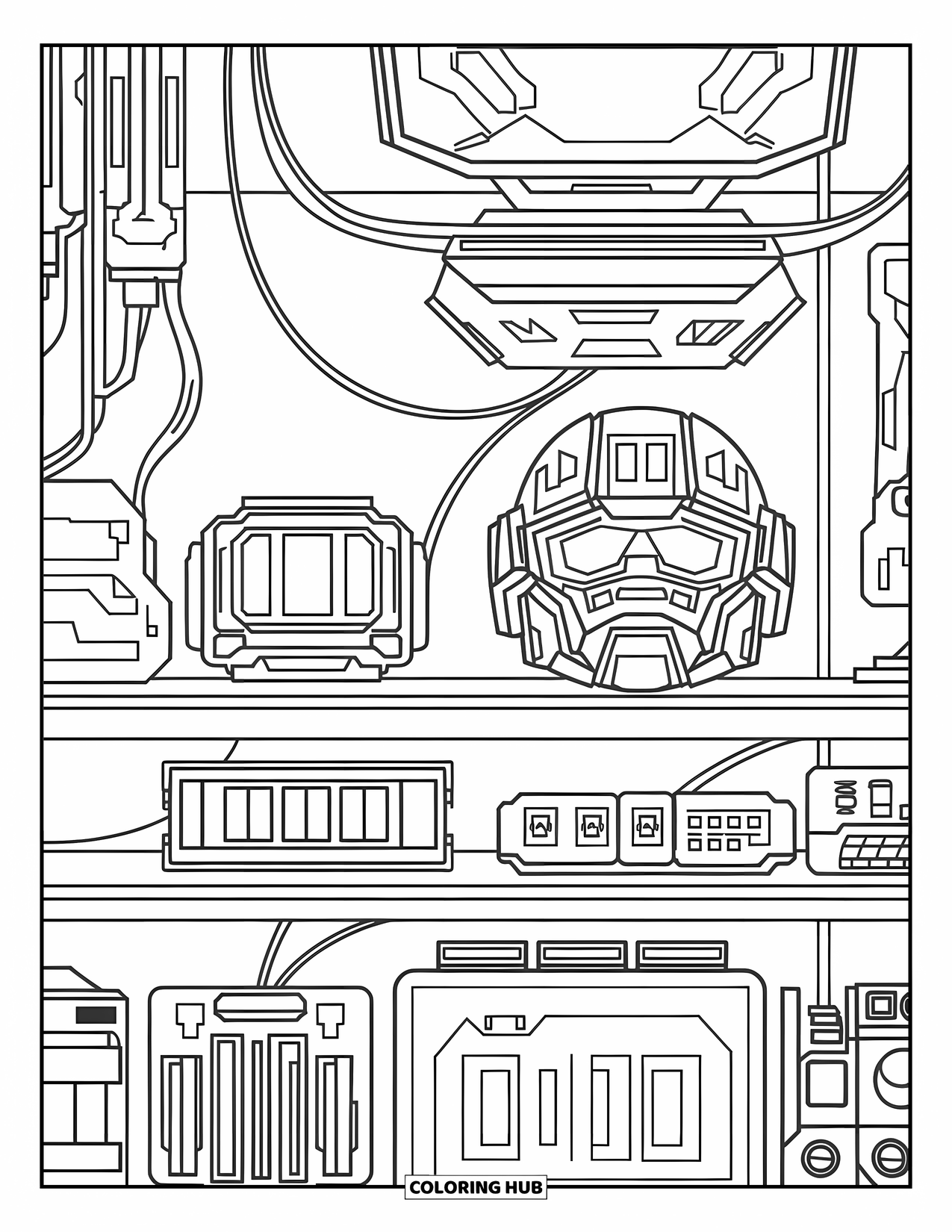 Gaming Coloring Page for Kids: Shelf of high-tech gear, buttons, and glowing devices with wires