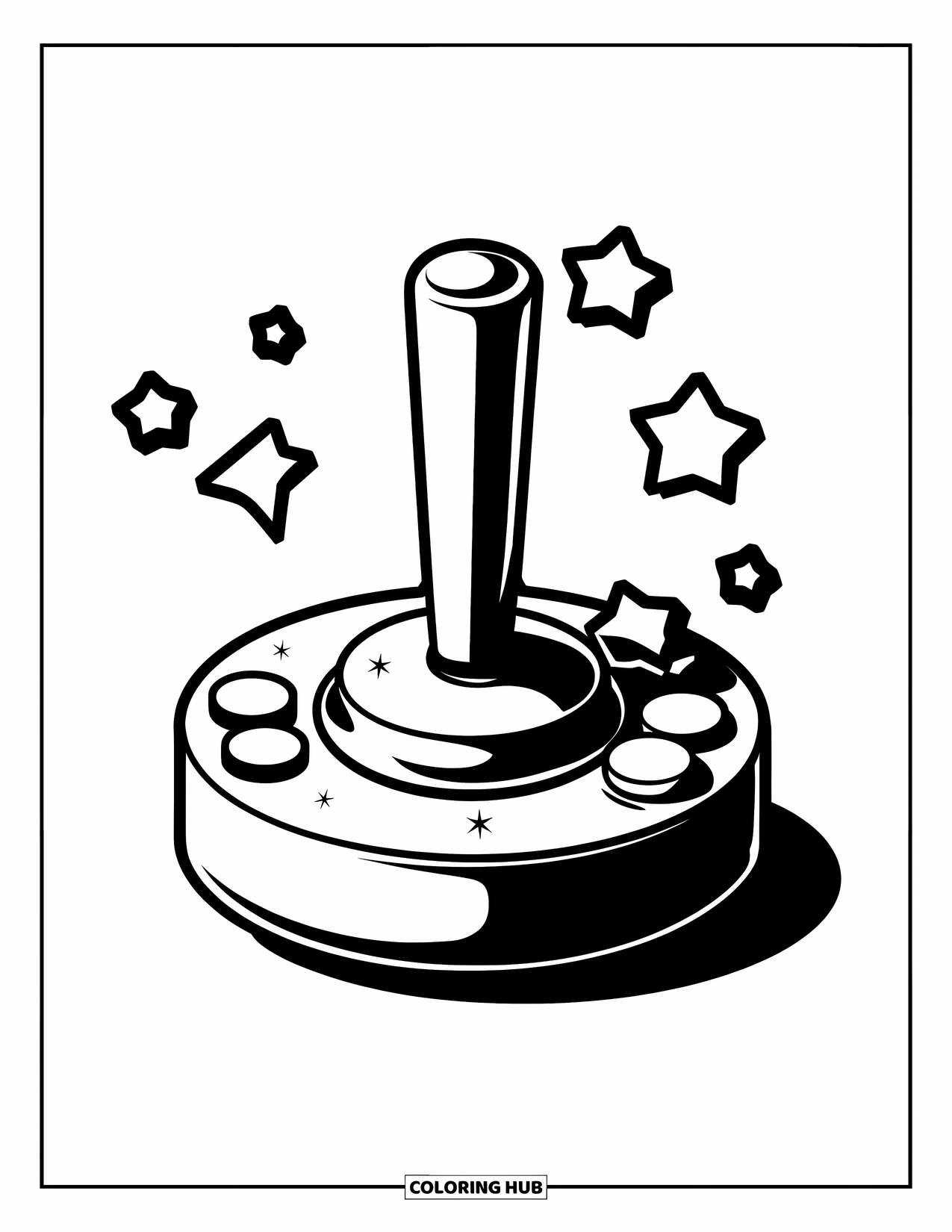 Gaming Coloring Page for Kids: Simple joystick with stars floating around it in a playful setup