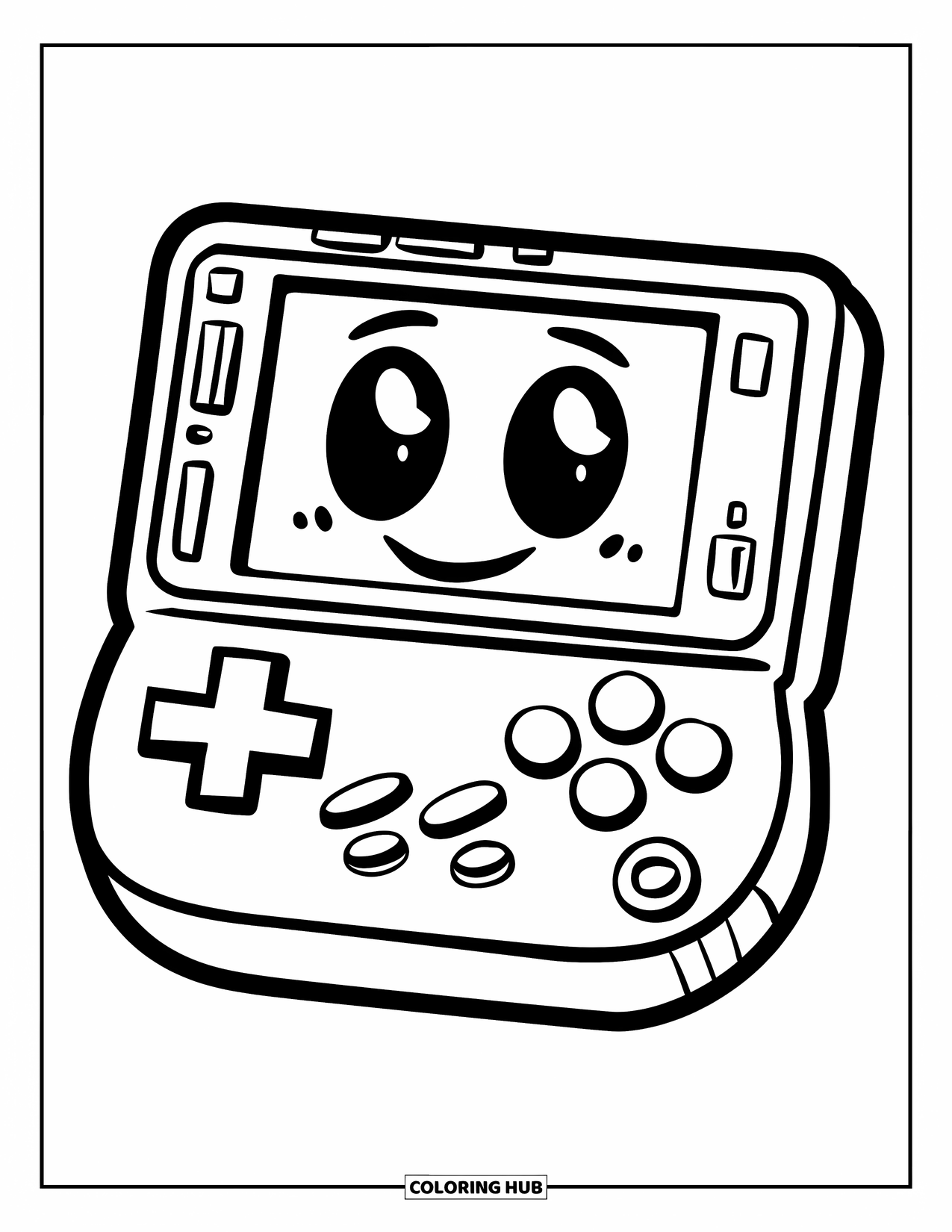 Gaming Coloring Page for Kids: Smiley-faced console with large buttons and a playful, friendly look
