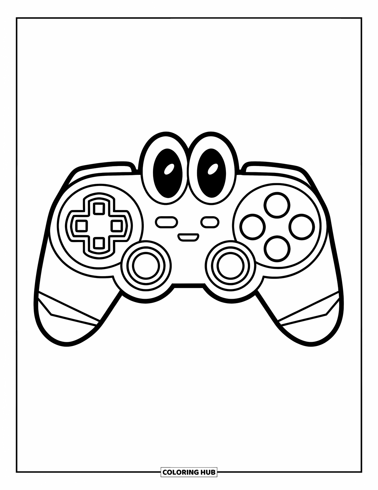 Gaming Coloring Page for Kids: Smiling game controller with oversized pads inside a circular frame