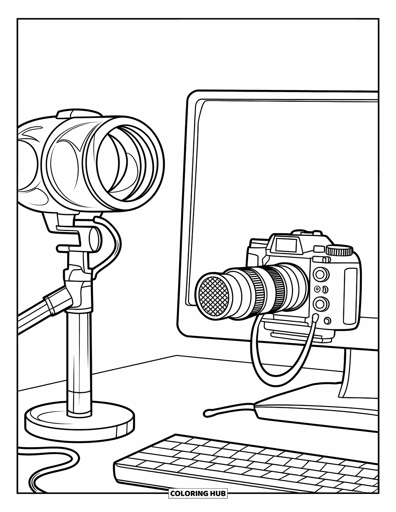 Gaming Coloring Page for Kids: Streaming corner with monitor, mic stand, and camera in a relaxed workspace