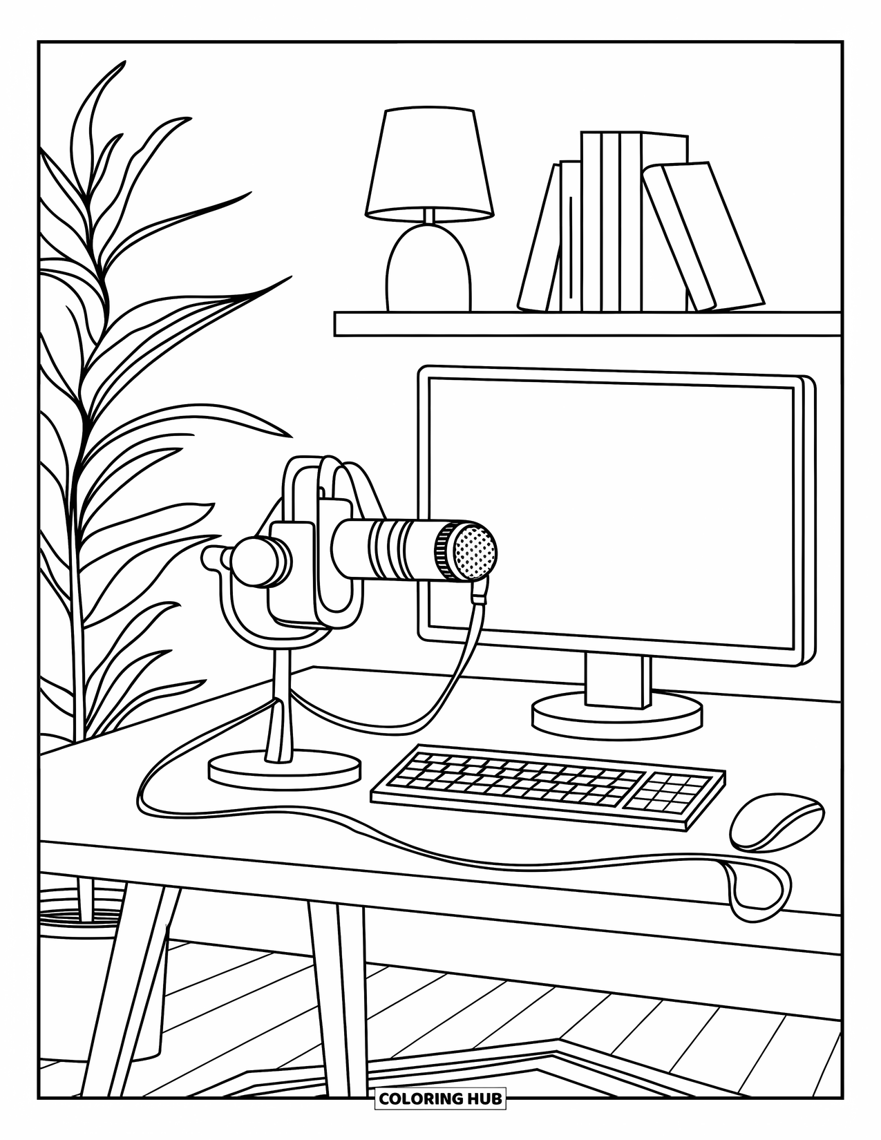 Gaming Coloring Page for Kids: Streaming setup with mic, camera, monitor, desk, and a cozy potted plant nearby