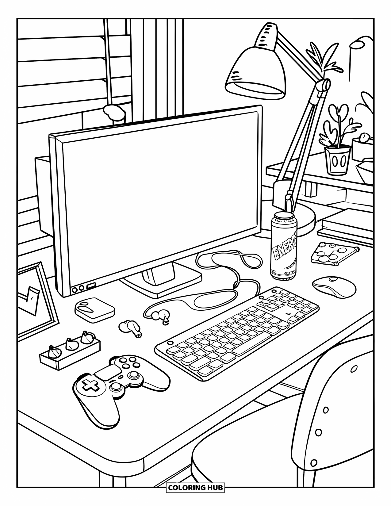 Gaming Coloring Page for Kids: Tidy desk with gear, a lamp, a plant, and a photo frame