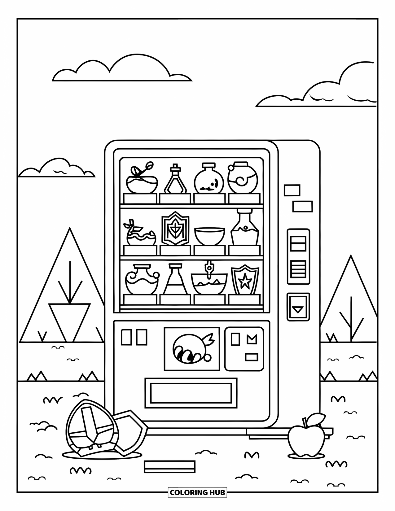 Gaming Coloring Page for Kids: Vending machine filled with potions and power-ups like a shield and golden apple