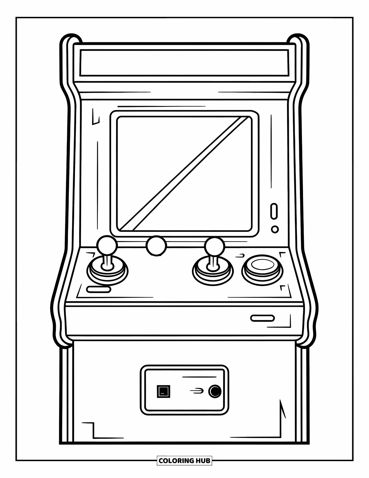 Gaming Coloring Page for Kids: Wooden arcade cabinet with labeled buttons and a coin slot at the bottom