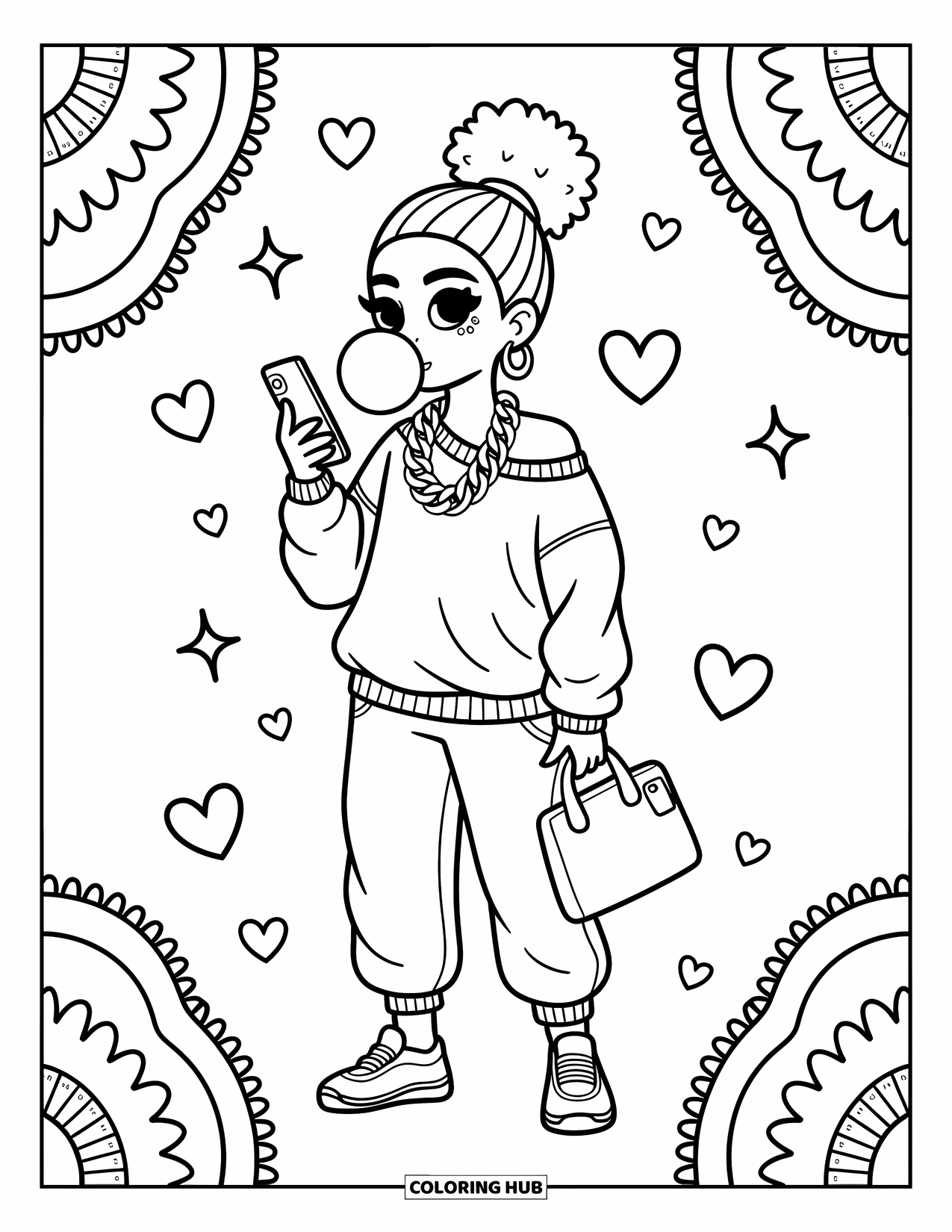 Gangsta Black Girl Coloring Page for Adults: Bubble-blowing girl in joggers with a flip phone and stars floating nearby