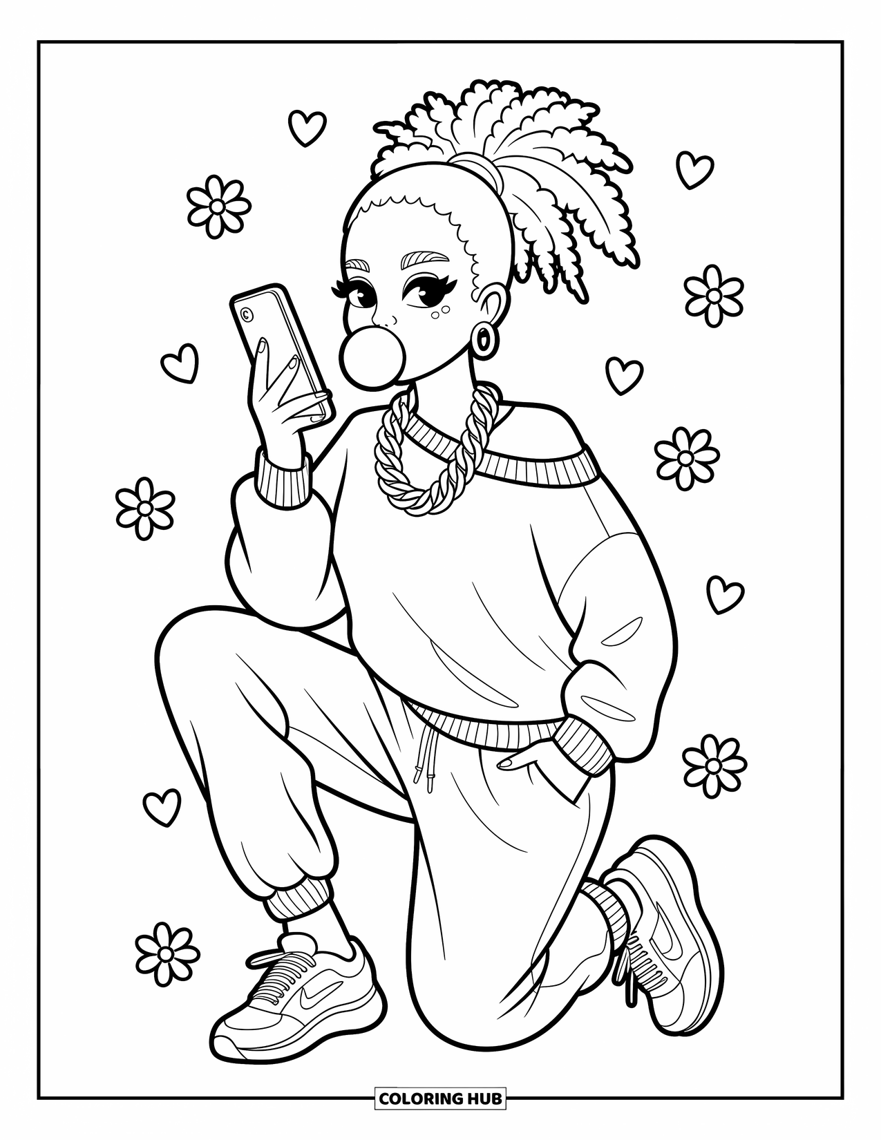 Gangsta Black Girl Coloring Page for Adults: Bubblegum girl in joggers and sweatshirt holding a flip phone in a cozy doodle scene