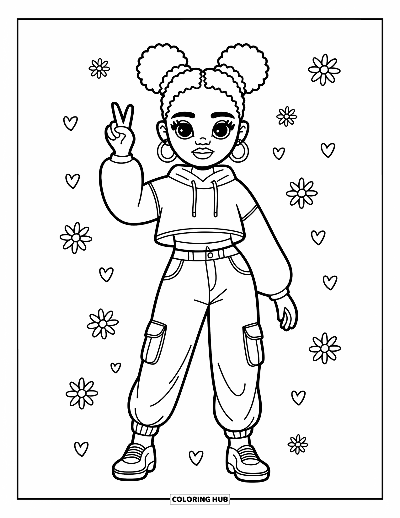 Gangsta Black Girl Coloring Page for Adults: Confident girl with hoop earrings and hoodie posing with a peace sign