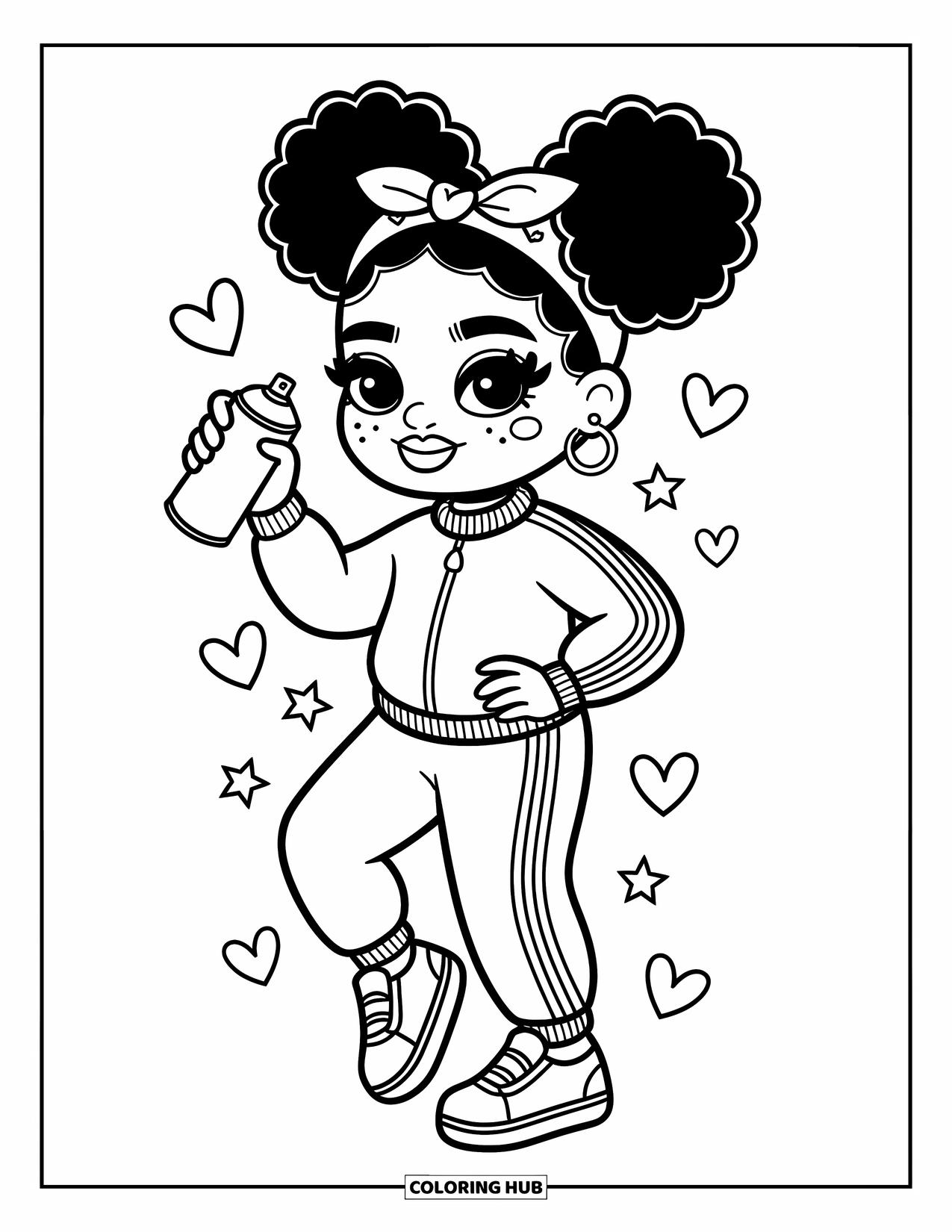 Gangsta Black Girl Coloring Page for Adults: Confident girl with puffs and spray can surrounded by hearts and stars
