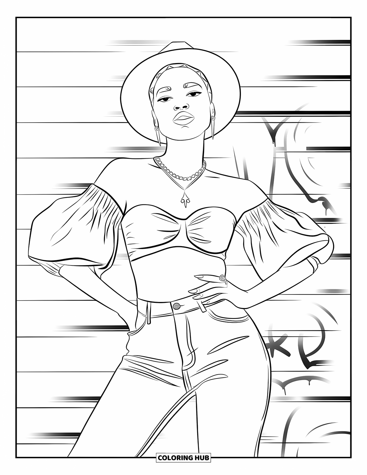 Gangsta Black Girl Coloring Page for Adults: Confident woman in puff sleeves and hat striking a cool pose by graffiti