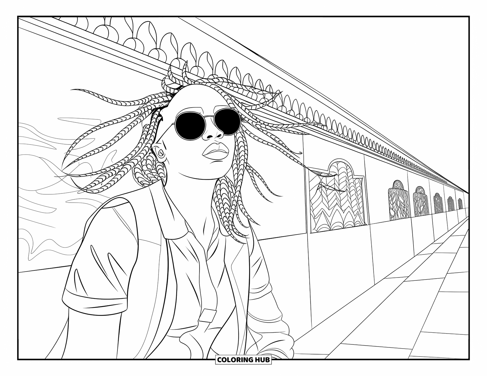 Gangsta Black Girl Coloring Page for Adults: Confident woman in vest and sunglasses leaning on a city wall with artistic patterns