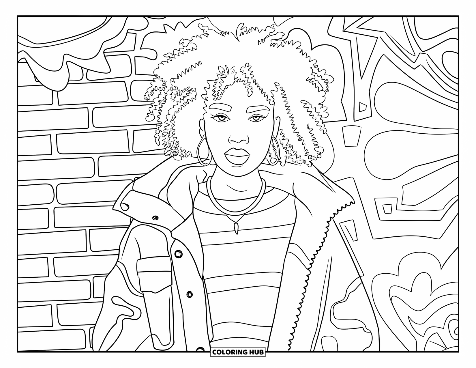 Gangsta Black Girl Coloring Page for Adults: Curly-haired woman in layers posing by a brick wall with abstract doodles